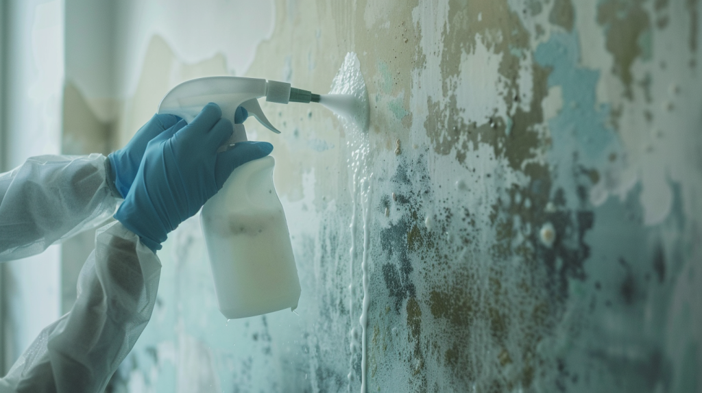 professional cleaner removing damp smell from wall UK