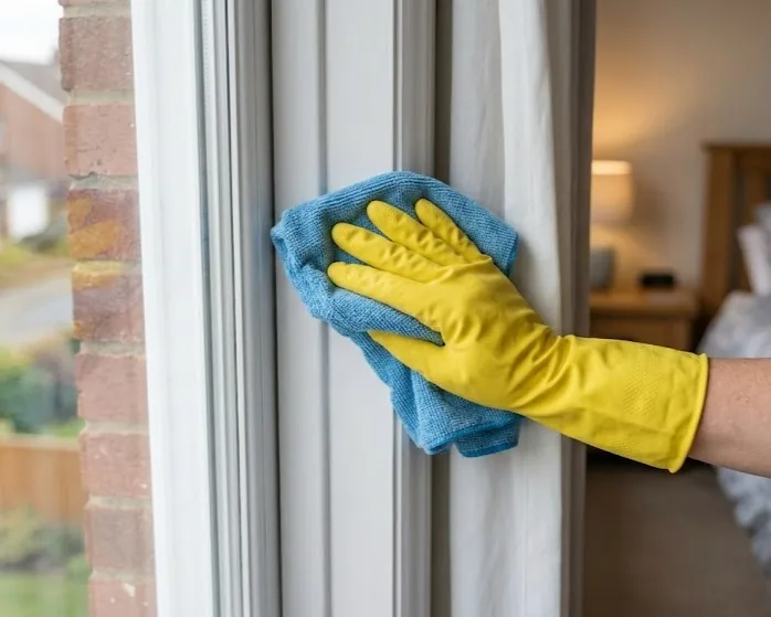 Gloved hand wiping condensation from an interior window frame