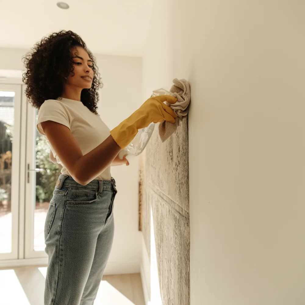 Woman wearing gloves wiping mould from an interior wall