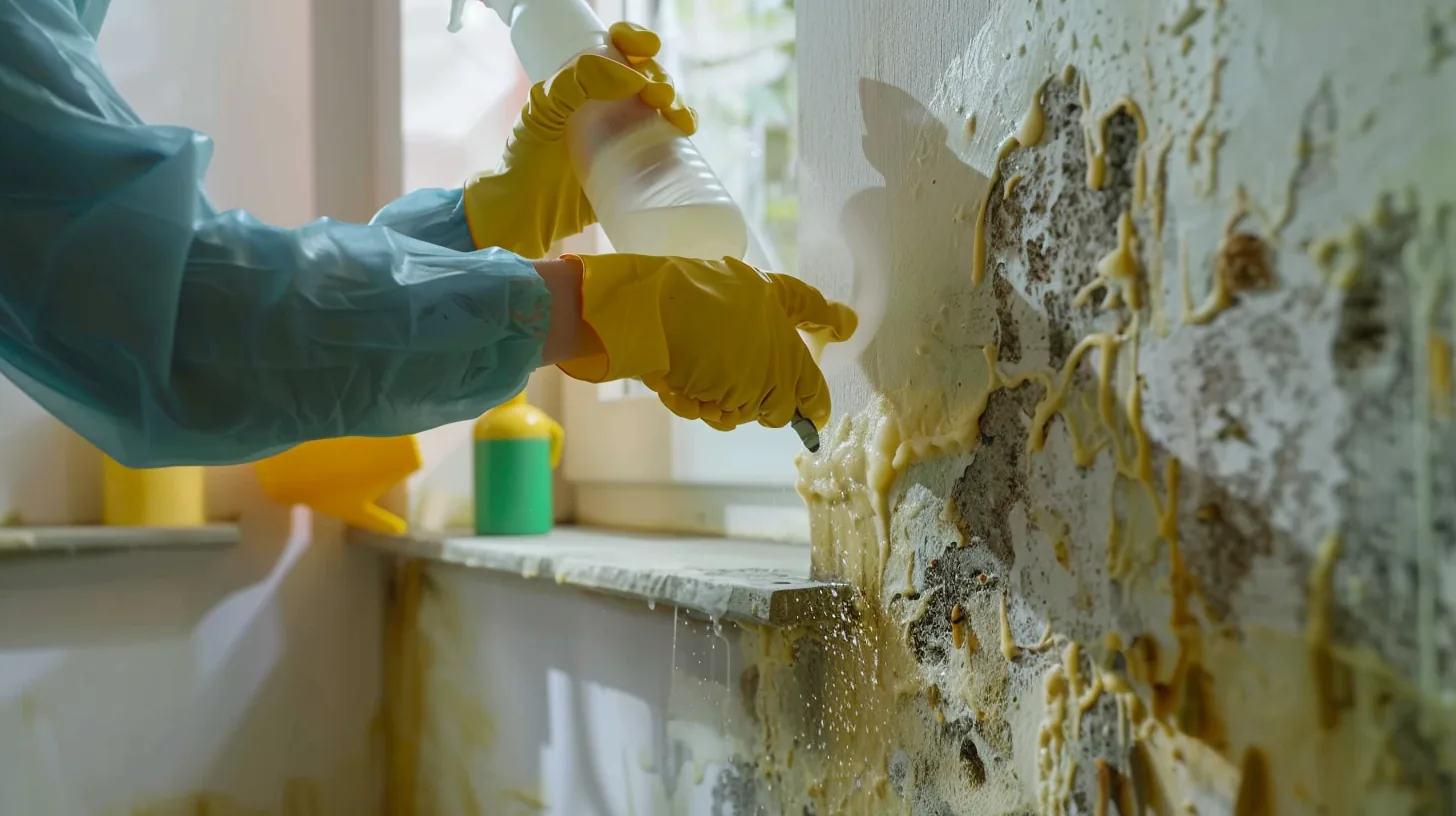 Gloved cleaner treating visible mould beside a bathroom window