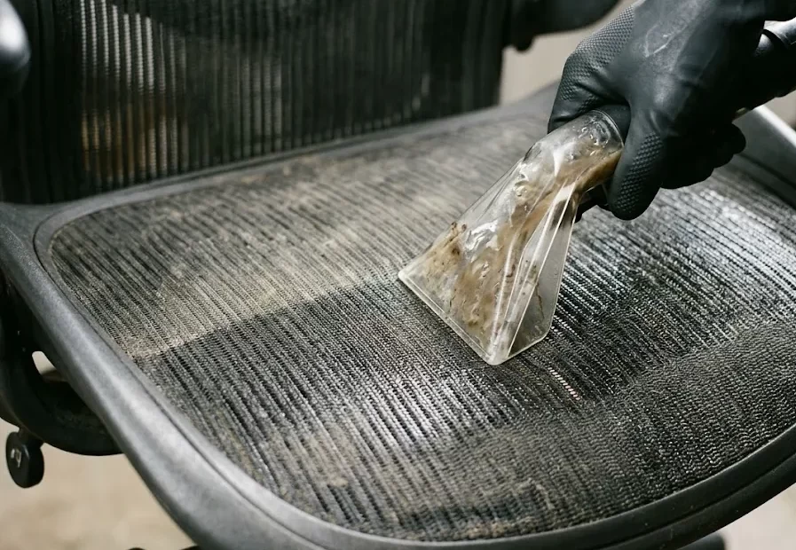 Extraction tool removing dirt from a fabric office chair