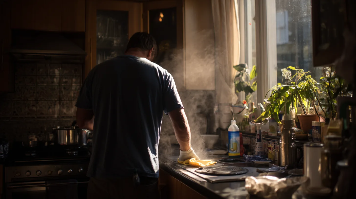 Cleaner wiping a busy kitchen worktop at short notice