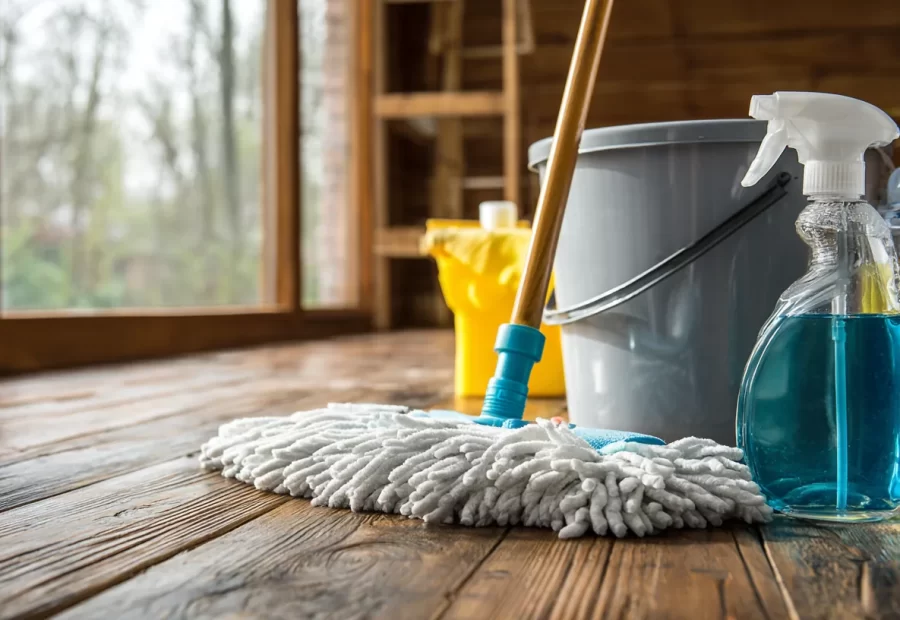 Cleaning products and a mop beside a wooden floor
