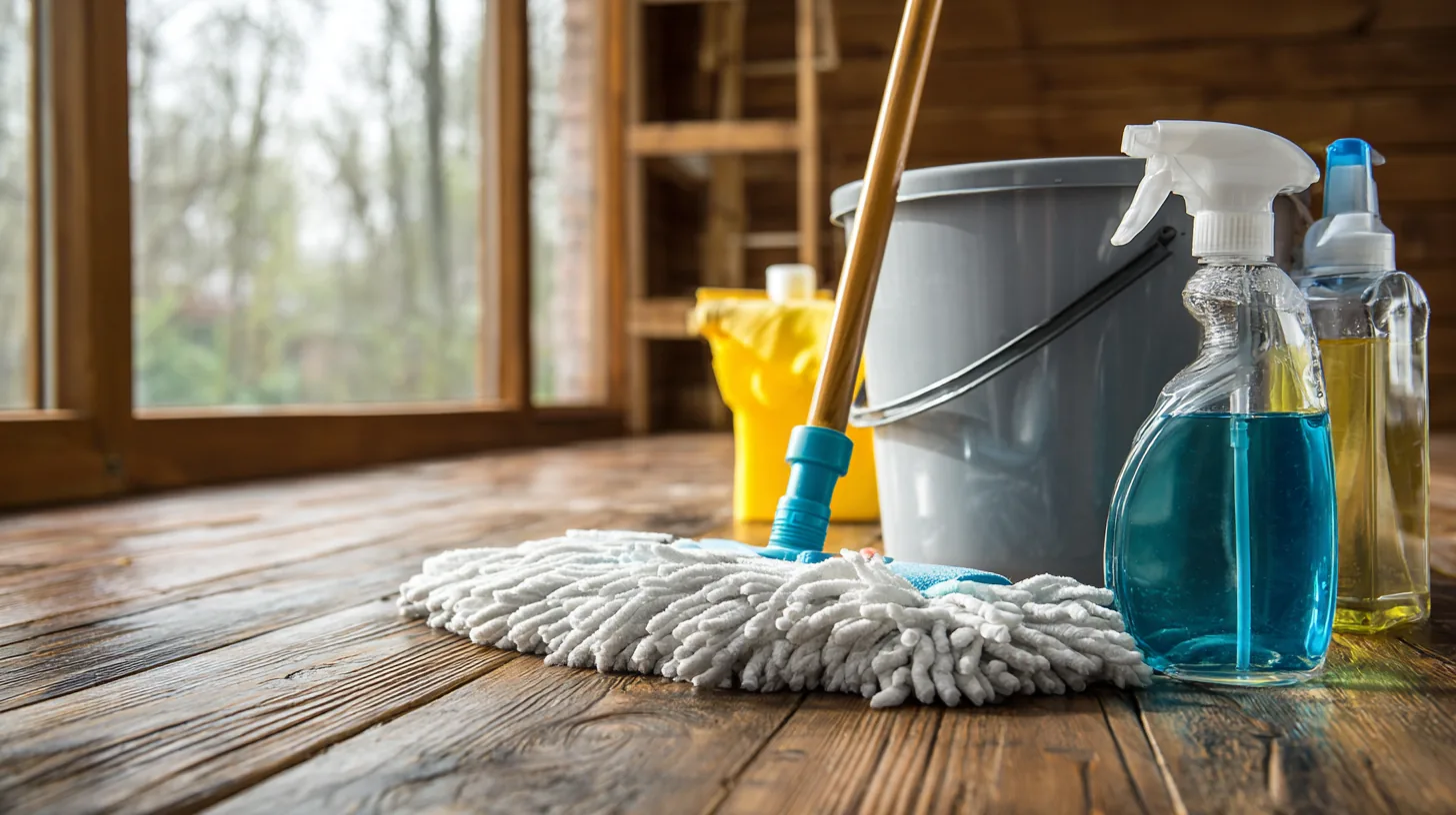 Cleaning products and a mop beside a wooden floor