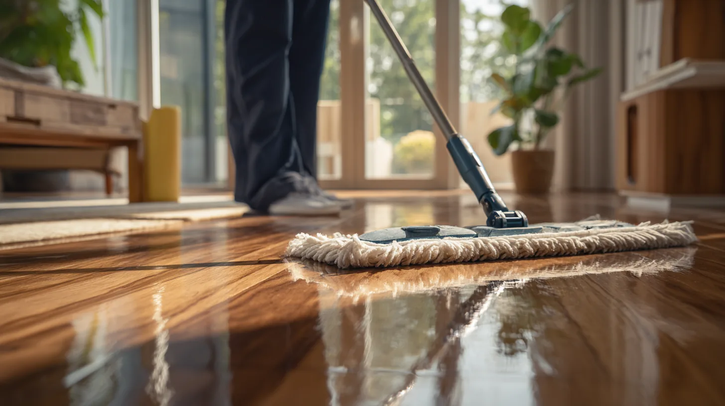 Cleaner mopping a polished wooden floor beside painted skirting