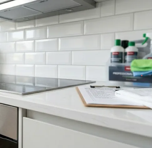 Cleaning supplies arranged on a freshly cleaned kitchen worktop