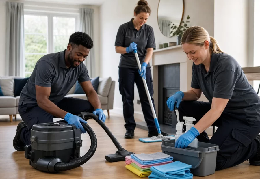 Professional cleaning team preparing unbranded equipment in a bright home