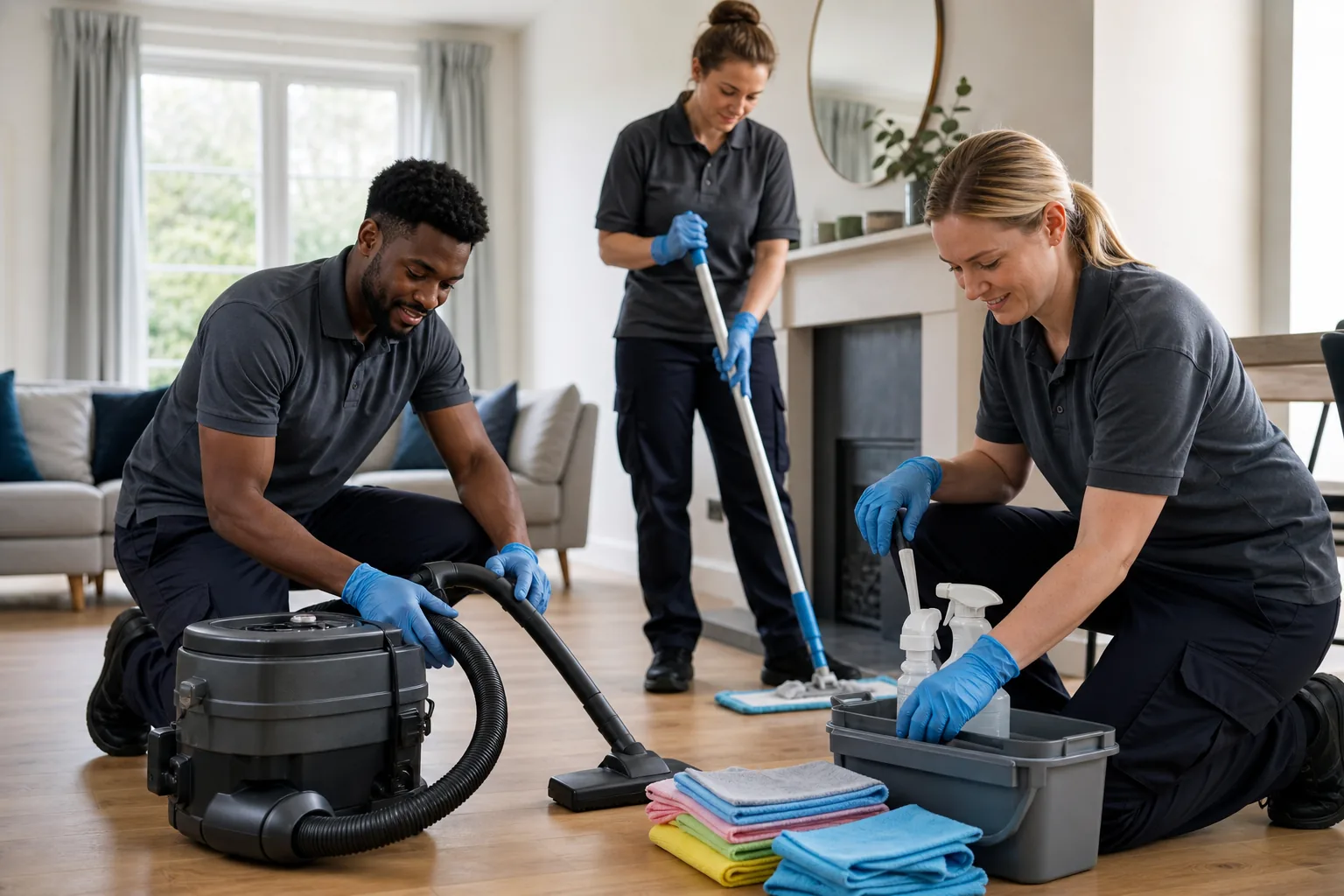 Professional cleaning team preparing unbranded equipment in a bright home