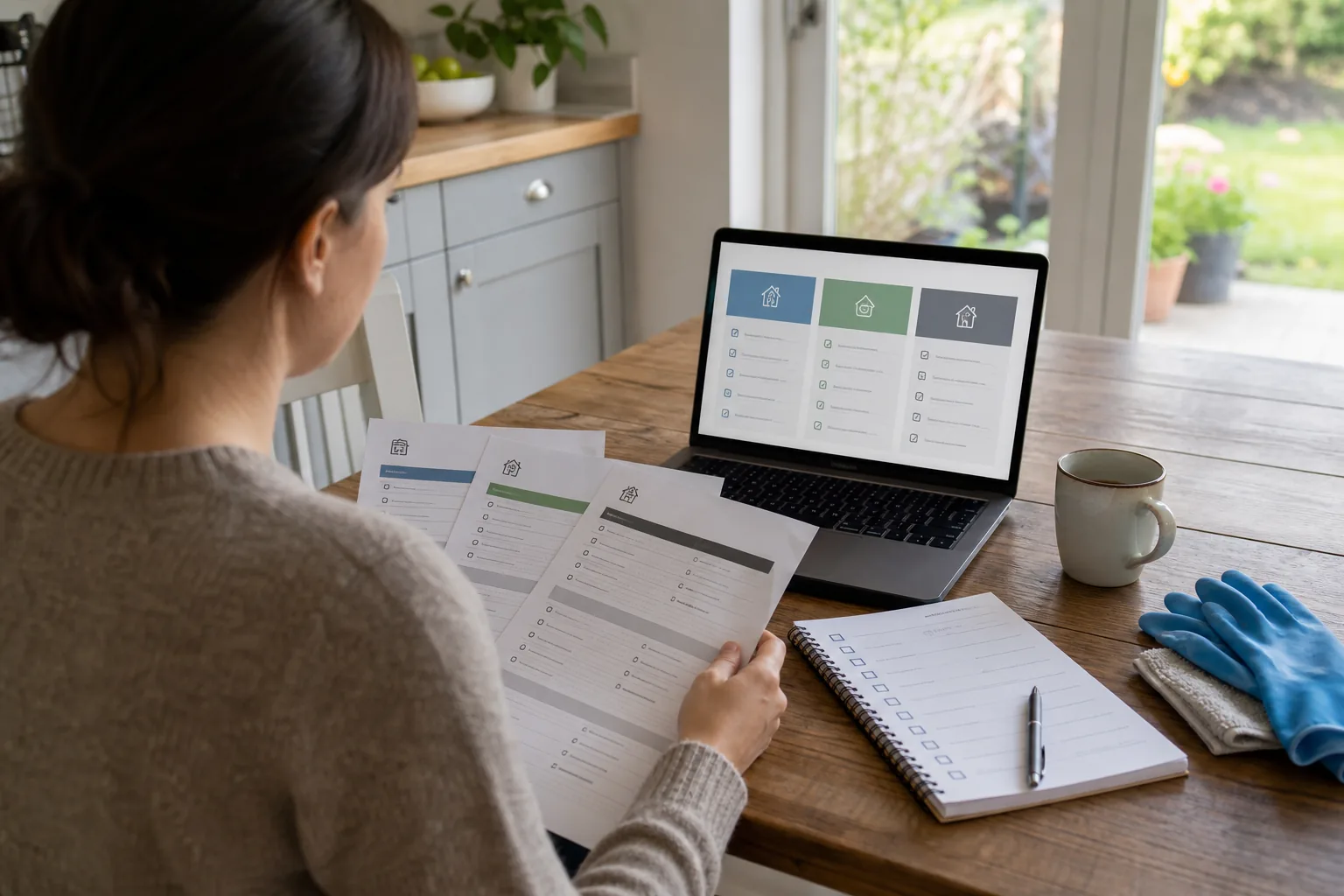 Homeowner comparing cleaning service quotations and a hiring checklist
