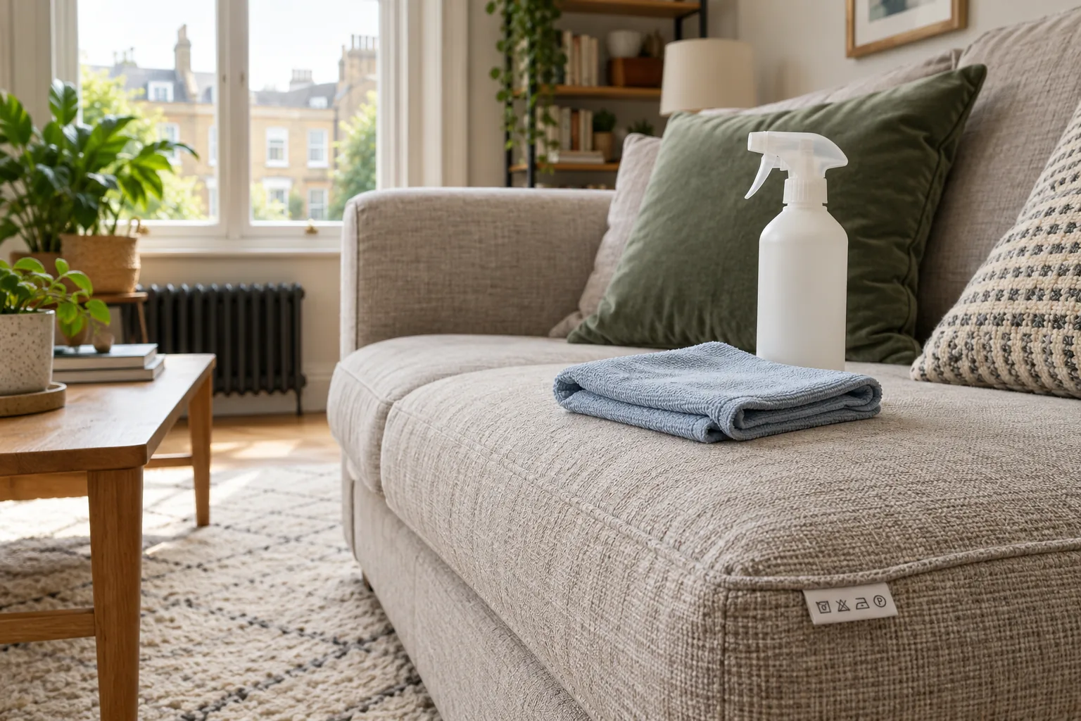 Microfibre cloth and plain spray bottle beside a fabric sofa