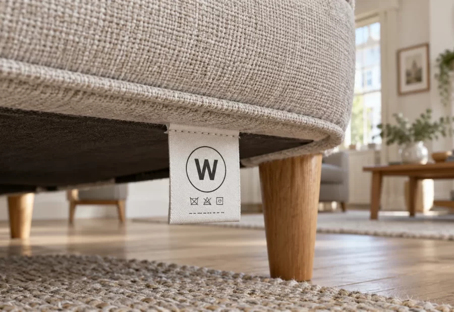 Upholstery care label showing a W code beneath a beige sofa