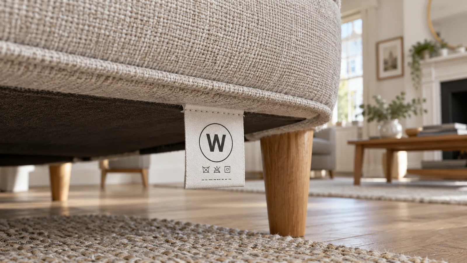 Upholstery care label showing a W code beneath a beige sofa