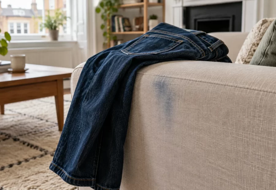 Dark jeans resting on a pale sofa arm beside a blue transfer mark