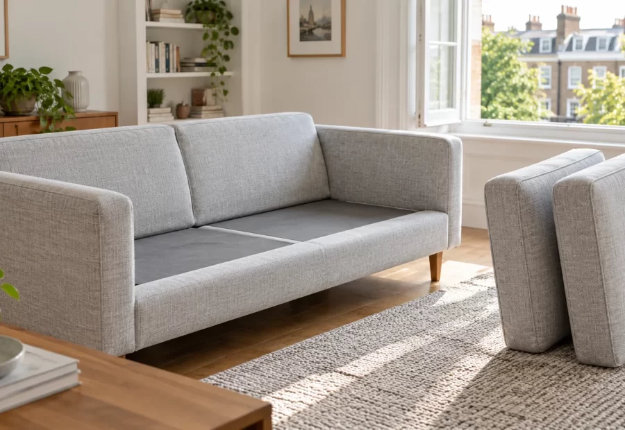 Sofa cushions set upright beside an open window for drying