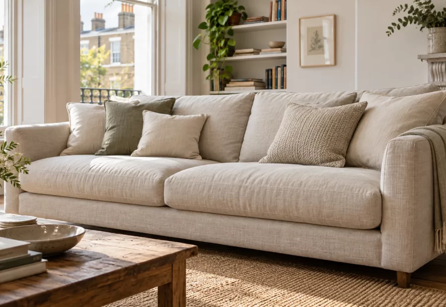 Pale linen sofa with cushions in a naturally lit living room