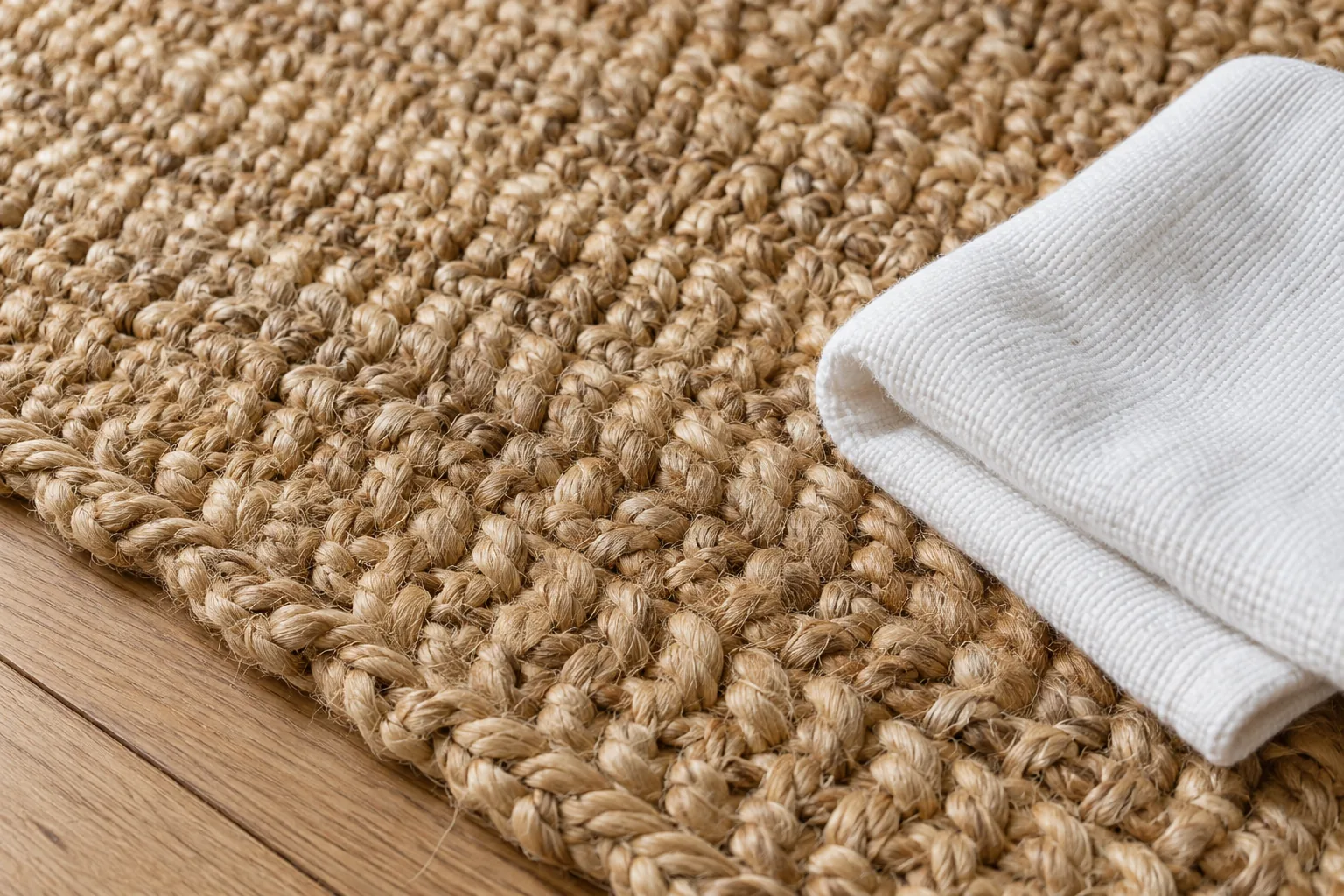 Close view of woven jute fibres with a folded white cloth nearby