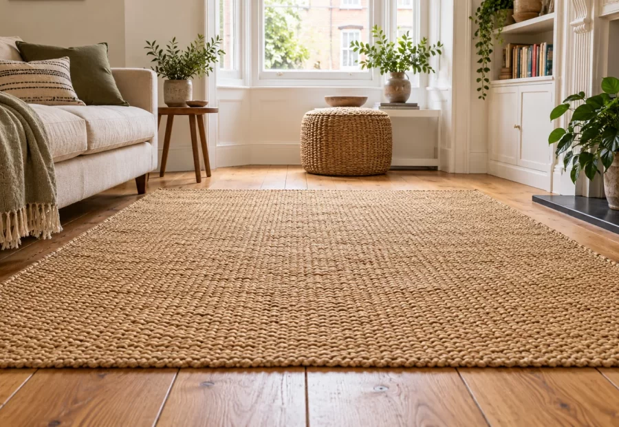 Natural jute rug on a timber floor in a bright living room