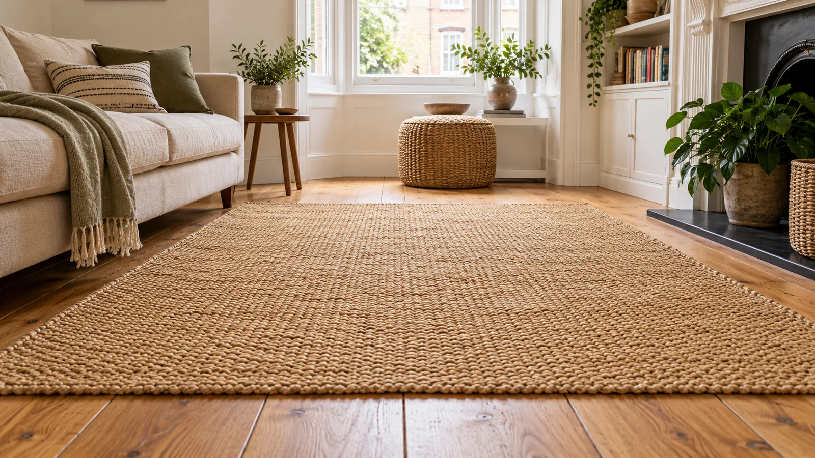 Natural jute rug on a timber floor in a bright living room