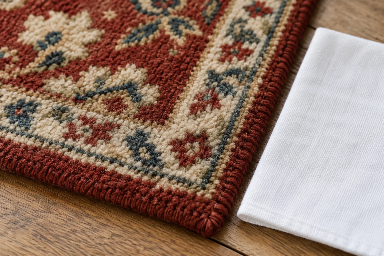 Close view of a wool rug corner beside a folded white cloth