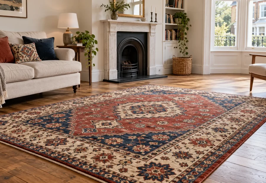 Patterned red, blue and cream wool rug on a wooden floor