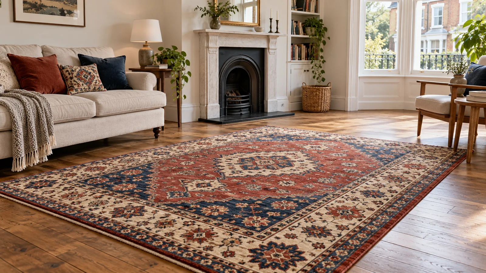 Patterned red, blue and cream wool rug on a wooden floor