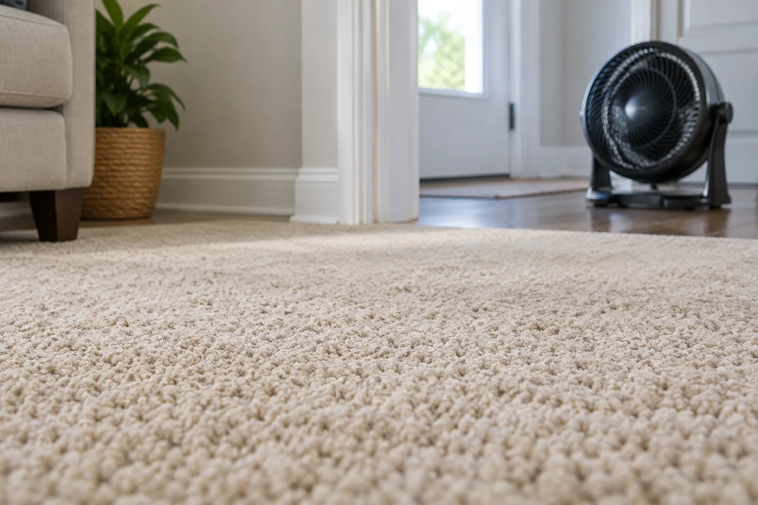 Close view of pale carpet with a portable fan on the floor beyond it