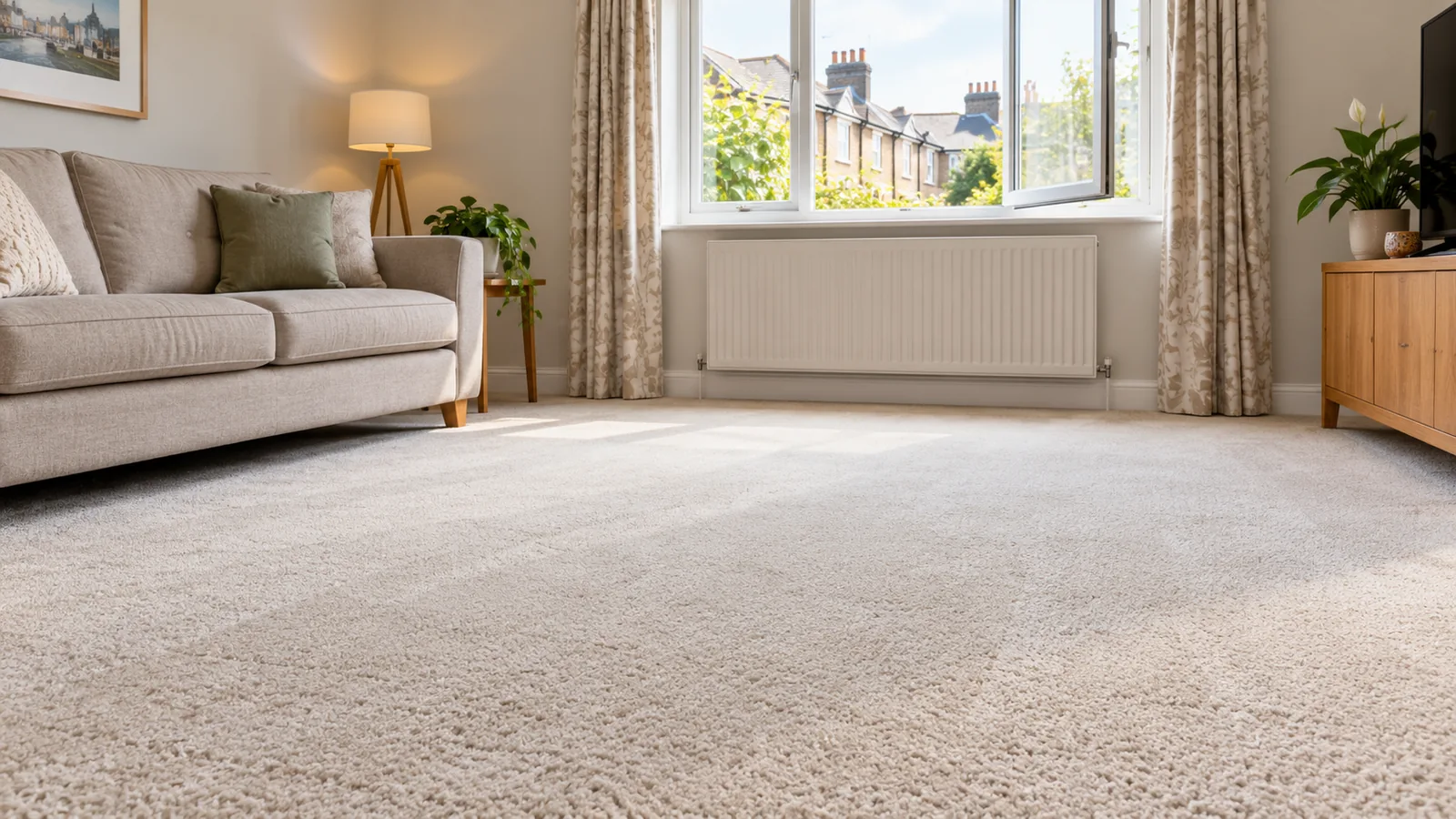Clean pale carpet in a living room with a window open for airflow