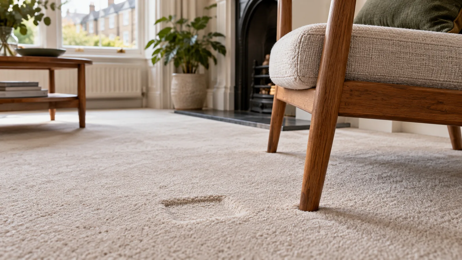 Carpet indentation beside a wooden armchair leg