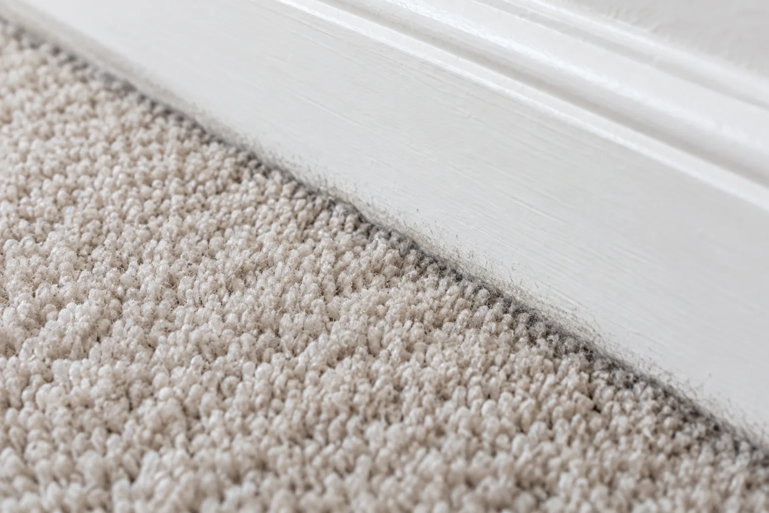Close view of grey soiling where carpet meets a white skirting board