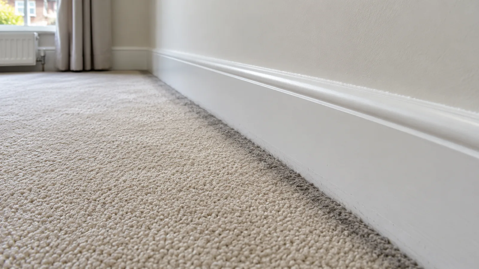Dark grey line along pale carpet beside white skirting