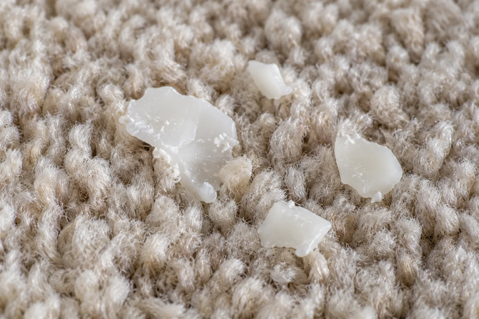 Close view of hardened white wax fragments on pale carpet
