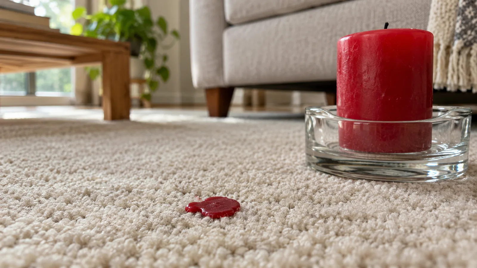 Small red wax spill on pale carpet beside an unlit red candle