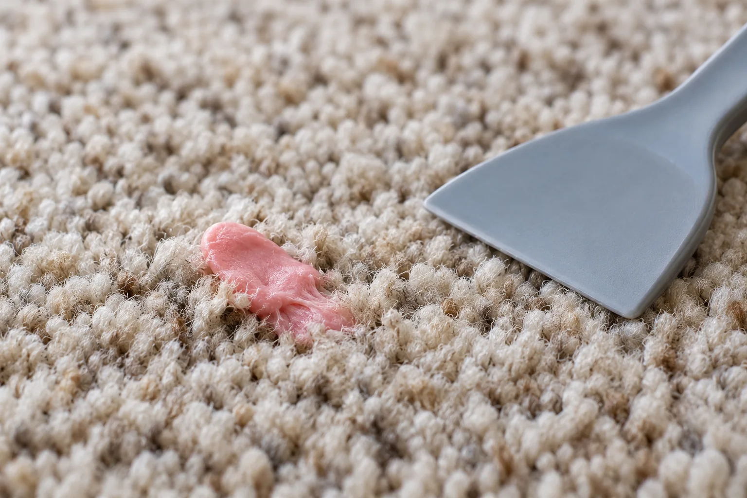 Pink chewing gum in carpet fibres beside a blunt plastic tool