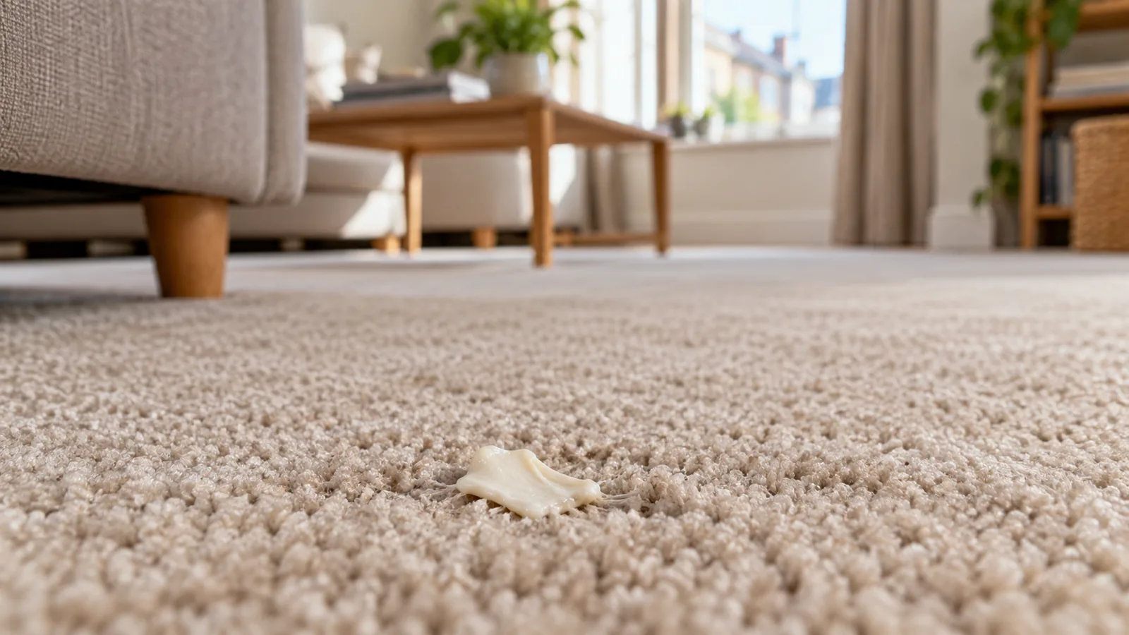 Small piece of pale chewing gum stuck to a beige carpet