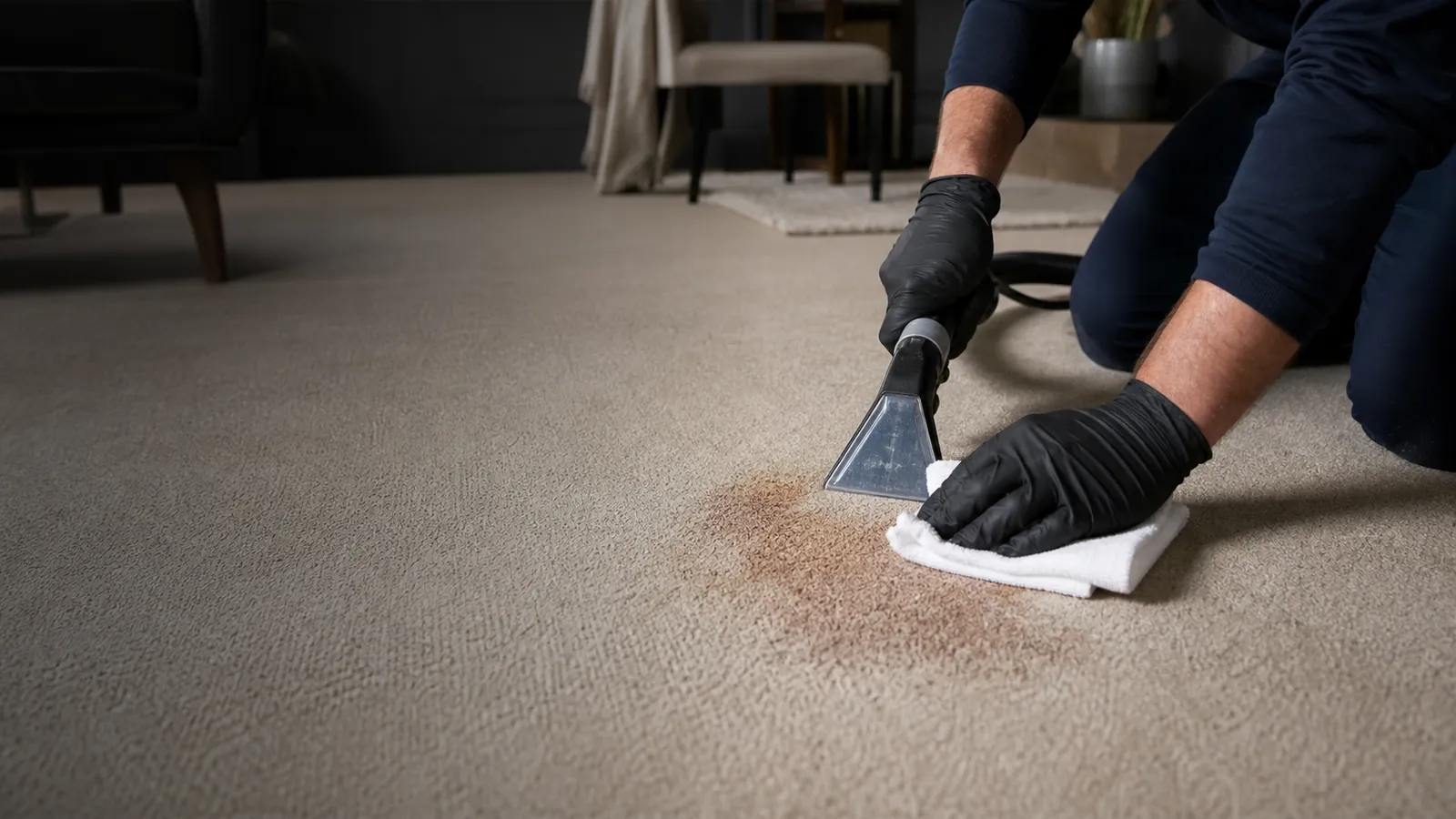 Technician treating a stain on a residential carpet in Woodside Park