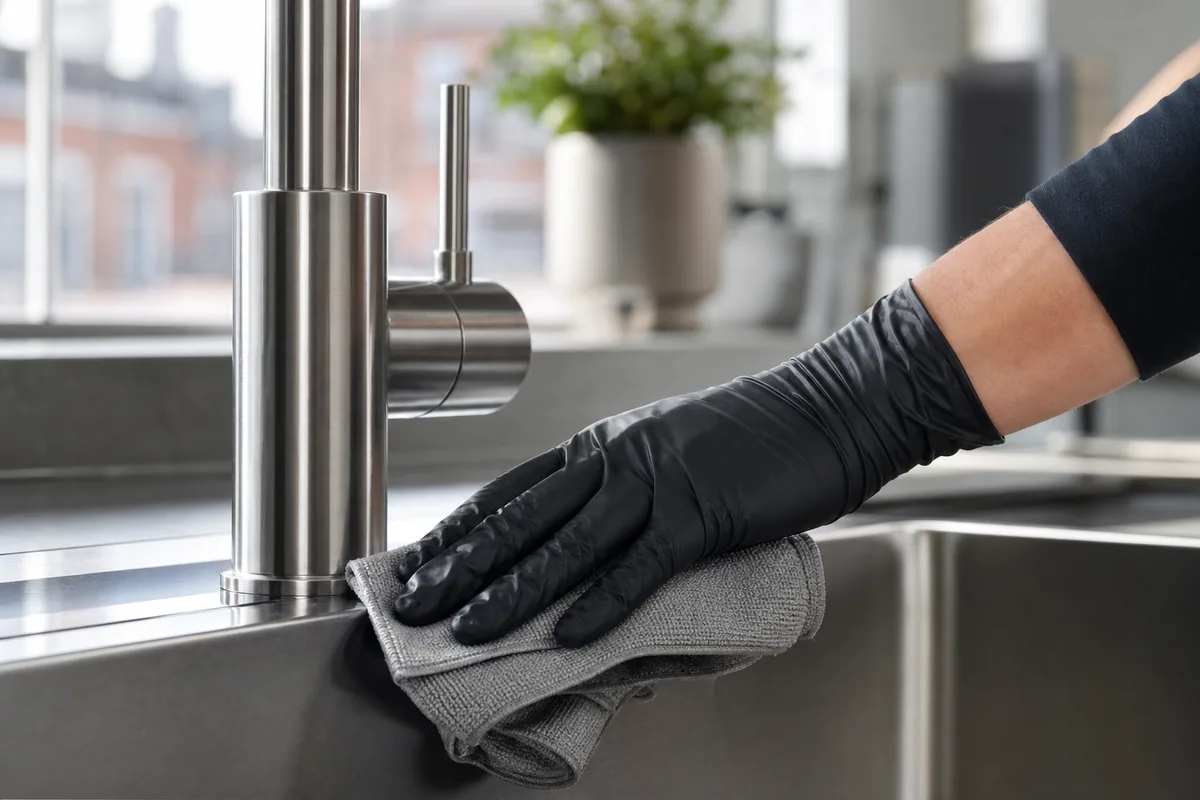 Detailed cleaning of a stainless-steel kitchen tap and sink edge