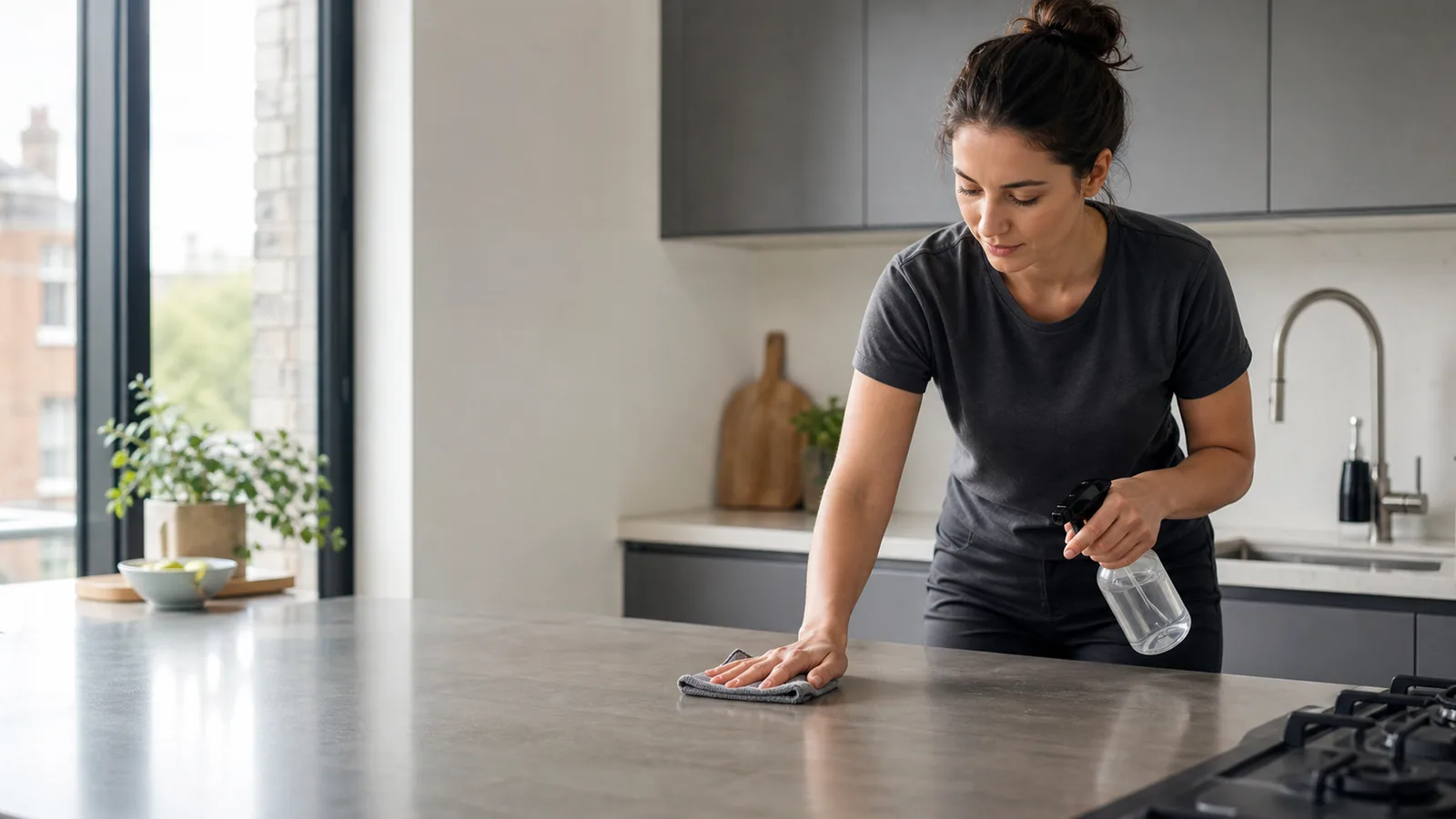 Professional cleaner wiping a worktop during kitchen cleaning in London