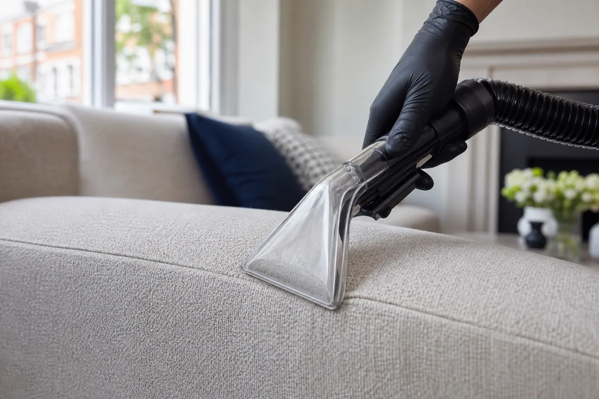 Close detail of an upholstery extraction tool cleaning sofa fabric