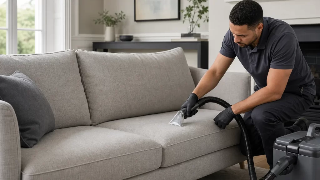 Professional upholstery cleaner treating a fabric sofa in a London sitting room