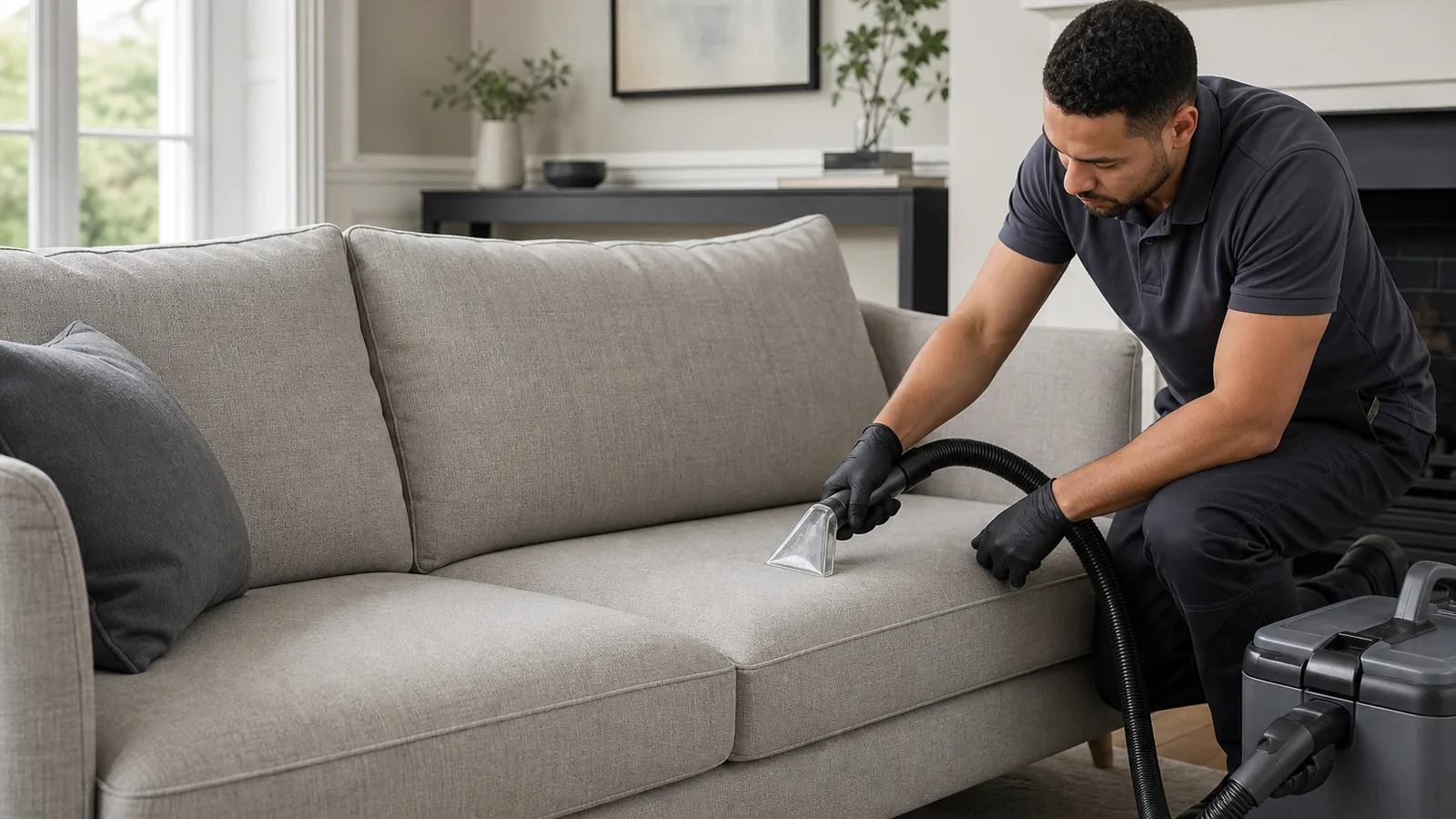 Professional upholstery cleaner treating a fabric sofa in a London sitting room