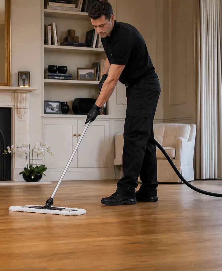 Detailed wood floor cleaning work