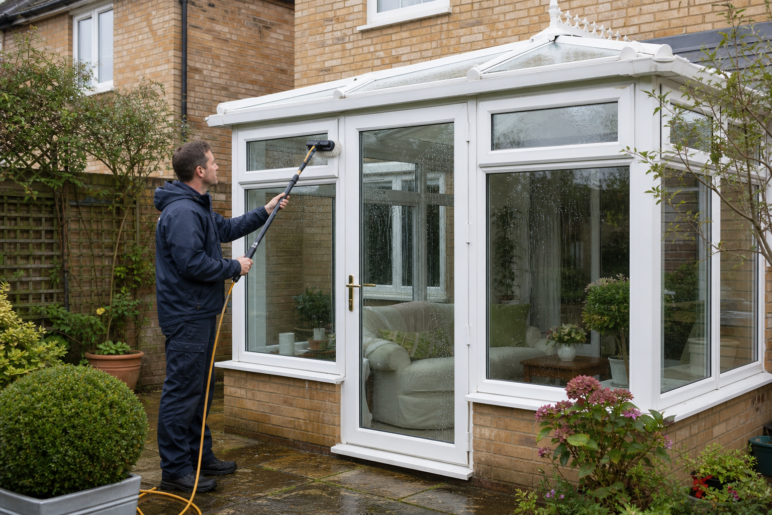 Conservatory and garden area prepared for cleaning