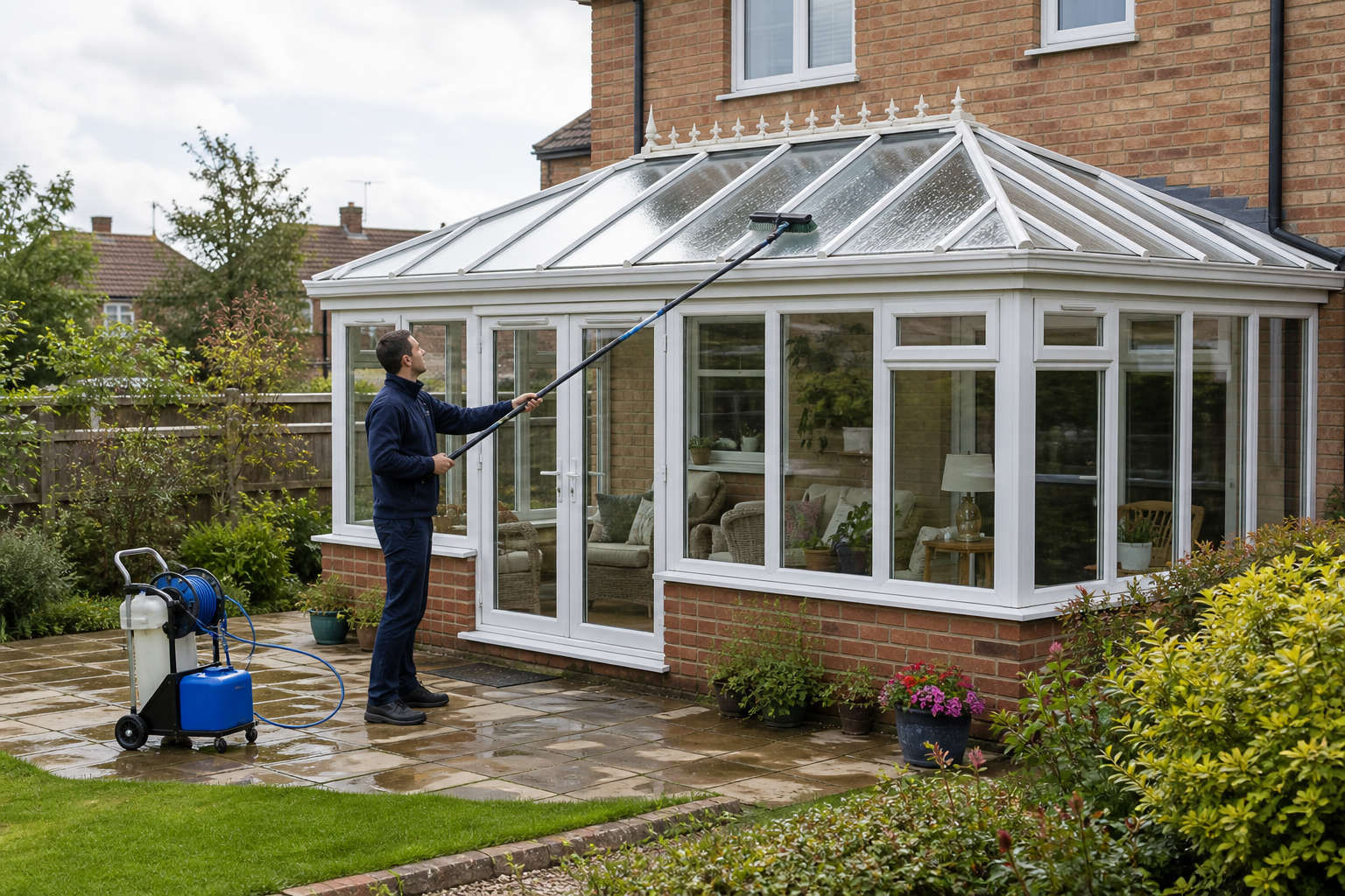 Conservatory and garden cleaning in progress