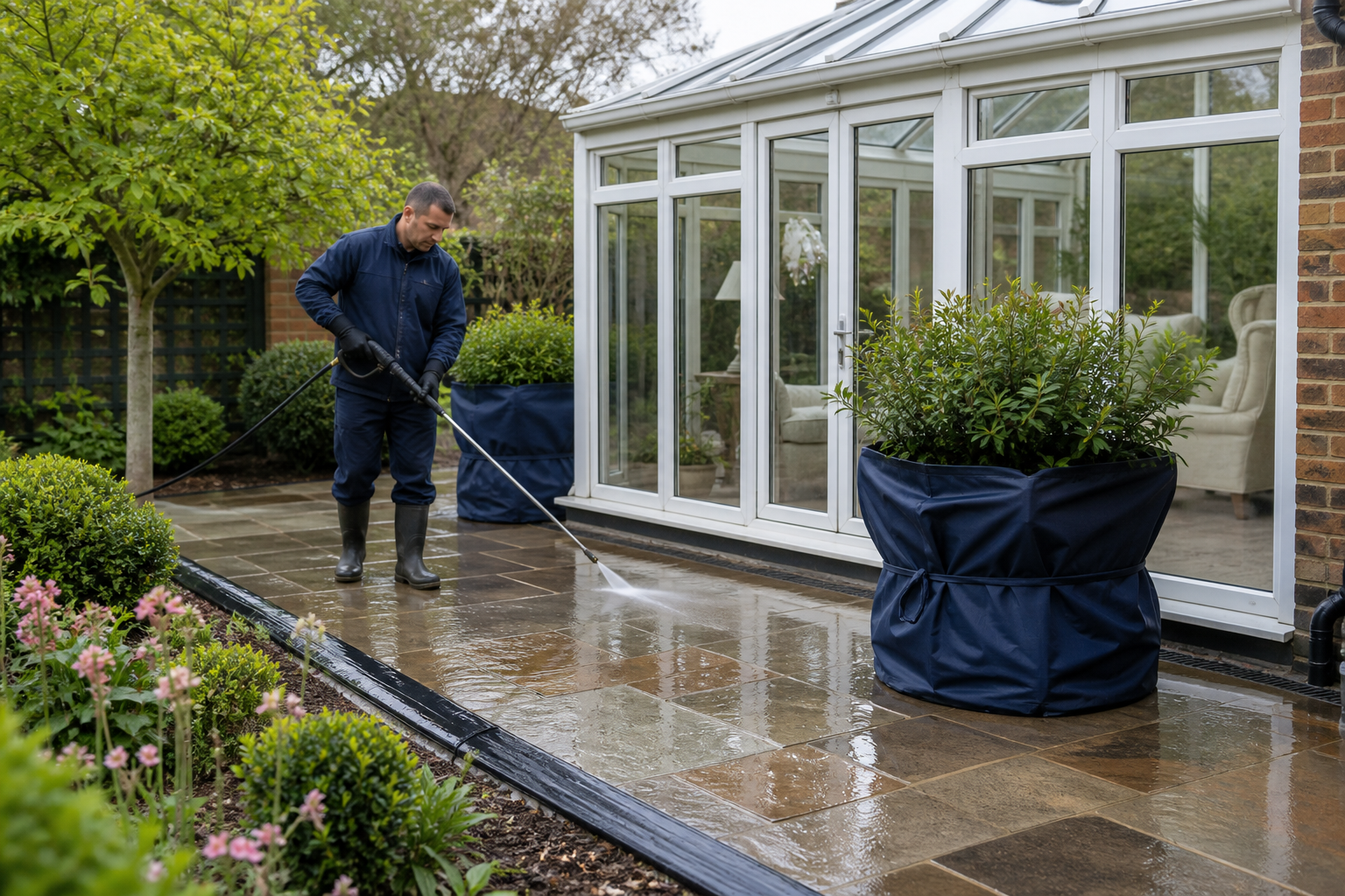 Conservatory and garden area prepared for cleaning