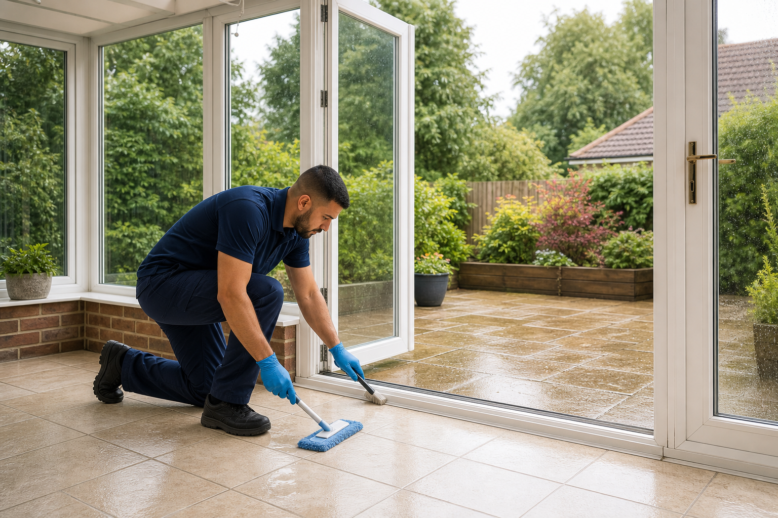 Detailed conservatory frame and glass cleaning